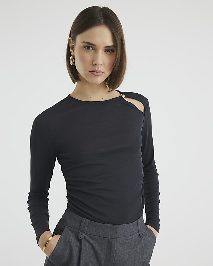 Blue Long Sleeve Trim Ruched Cut Out Top