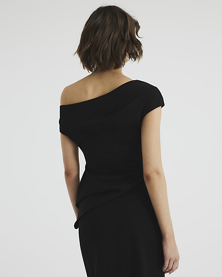 Black Off Shoulder Layered Midi Dress