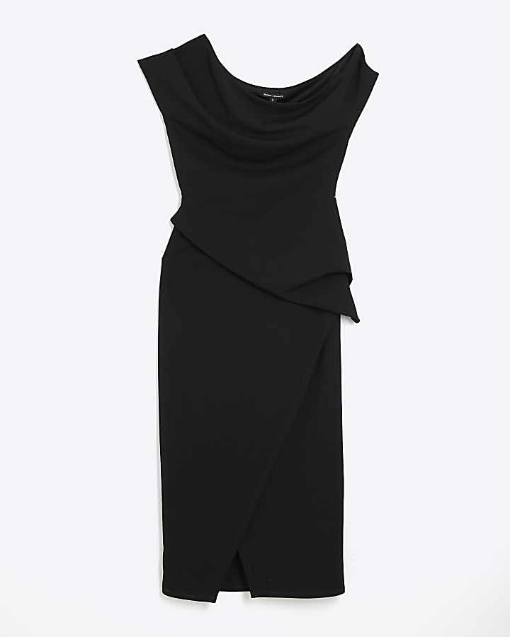 Black Off Shoulder Layered Midi Dress