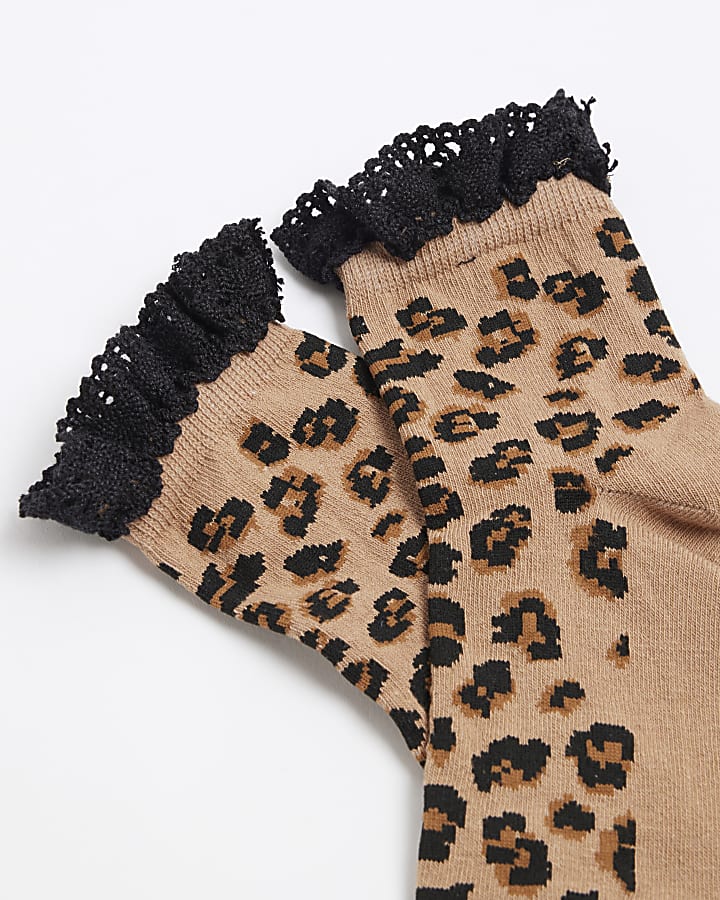 Brown Cotton Frill Leopard Socks