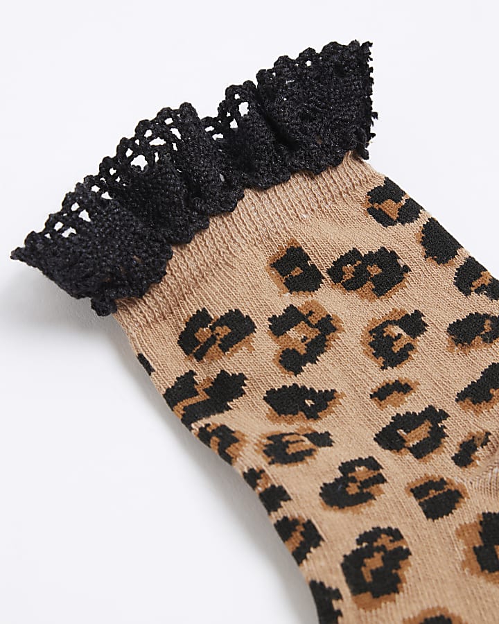 Brown Cotton Frill Leopard Socks