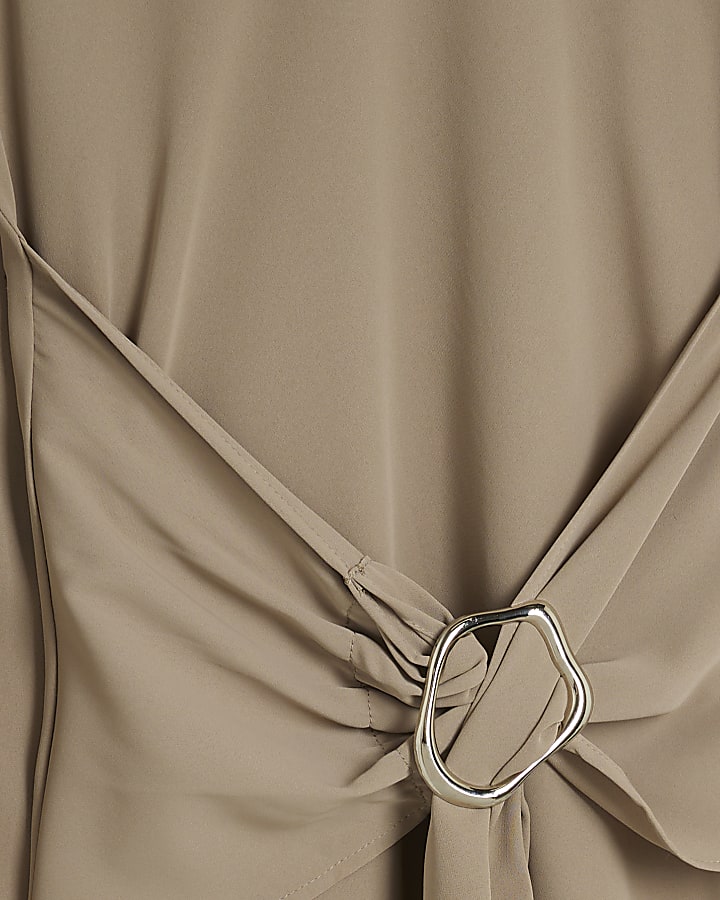 Beige Long Sleeved Tie Waist Midi Dress