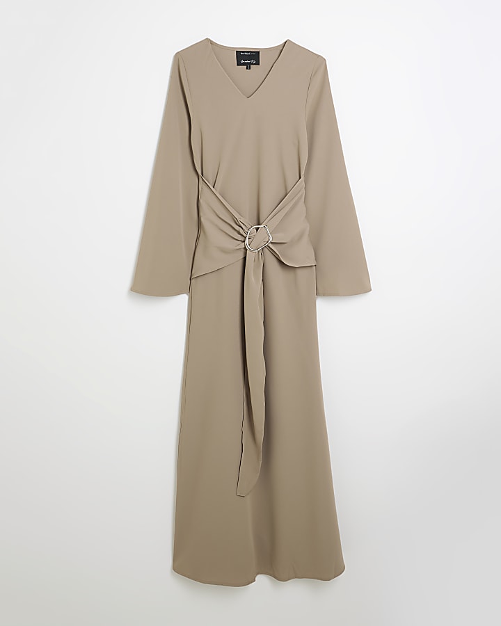 Beige Long Sleeved Tie Waist Midi Dress