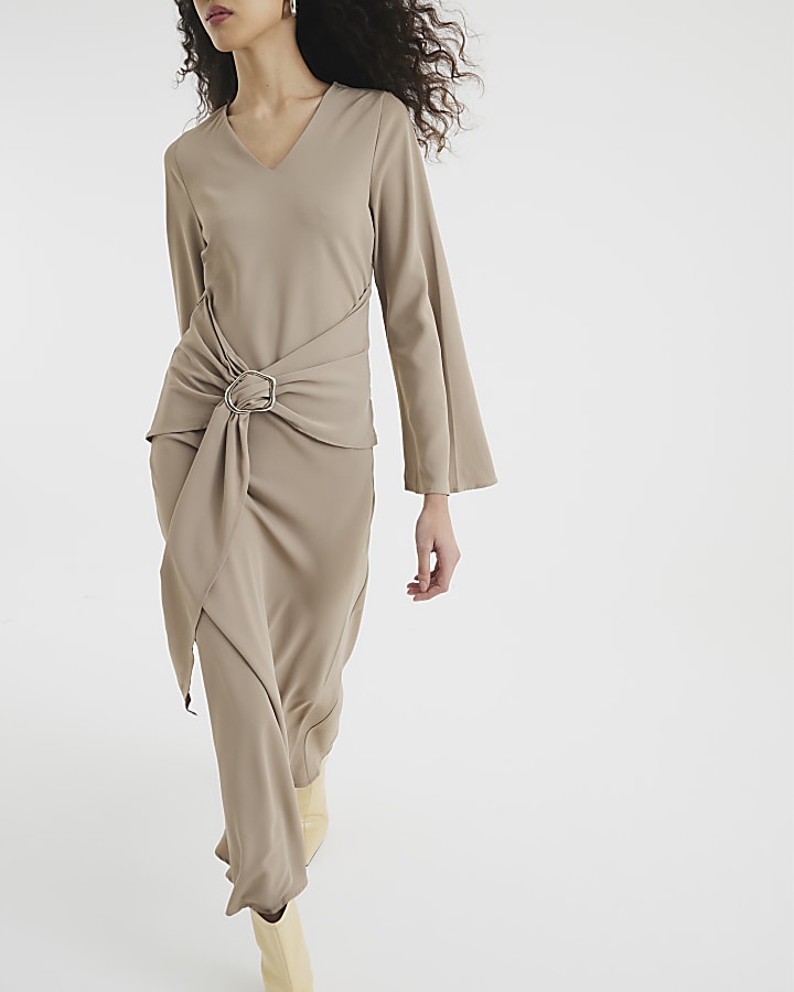 Beige Long Sleeved Tie Waist Midi Dress