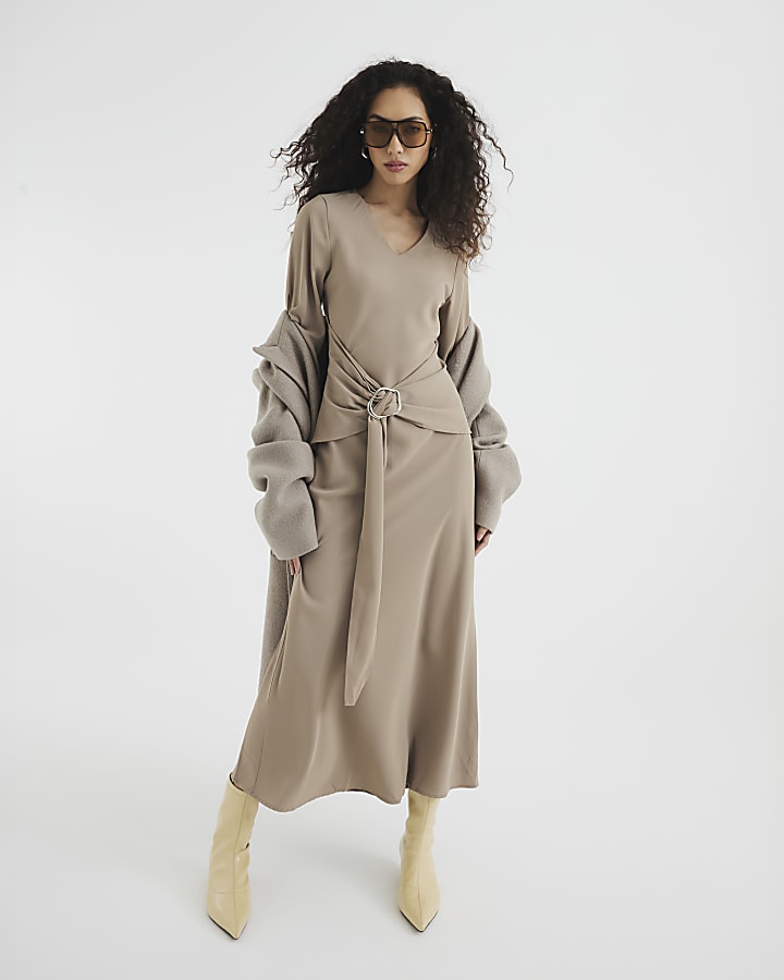 Beige Long Sleeved Tie Waist Midi Dress