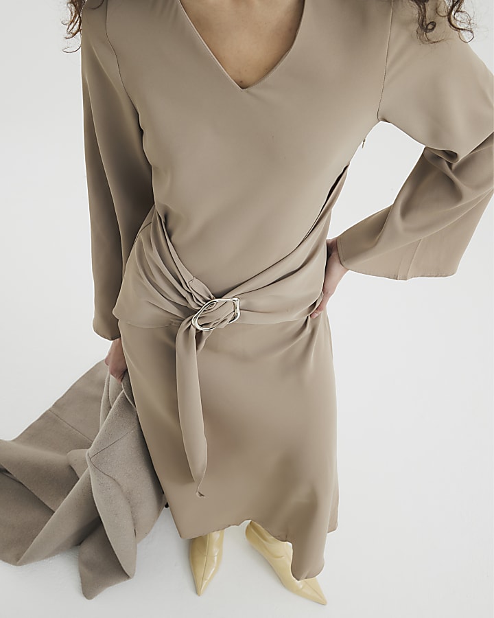 Beige Long Sleeved Tie Waist Midi Dress