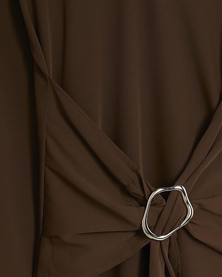 Brown Long Sleeved Tie Waist Midi Dress