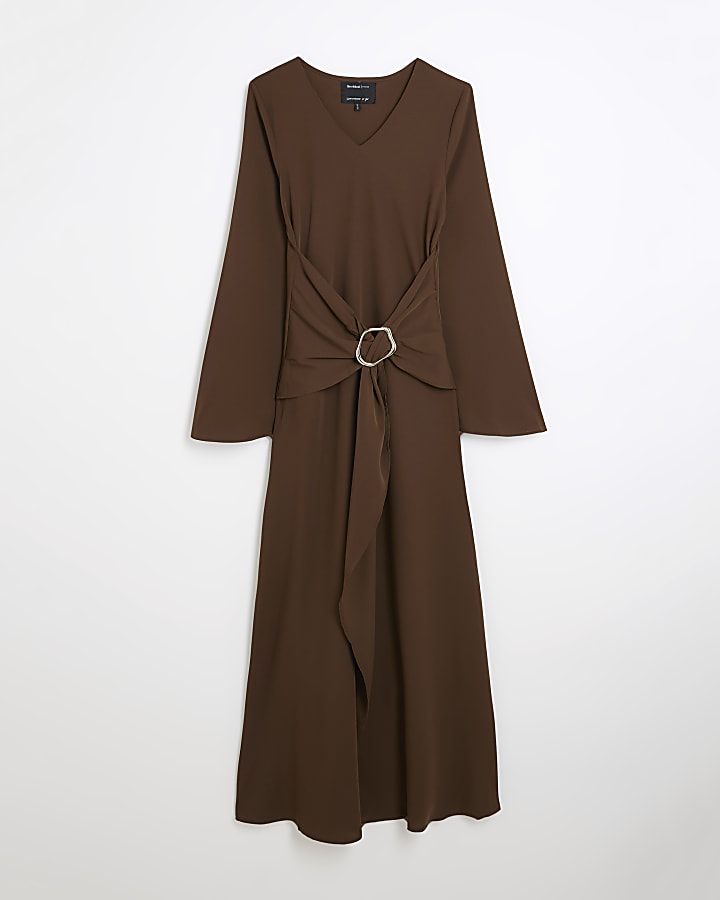 Brown Long Sleeved Tie Waist Midi Dress