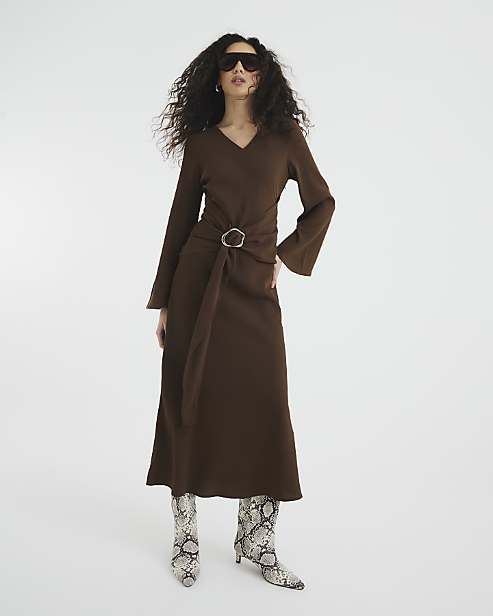 Brown Long Sleeved Tie Waist Midi Dress