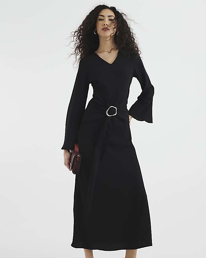 Black Long Sleeved Tie Waist Midi Dress