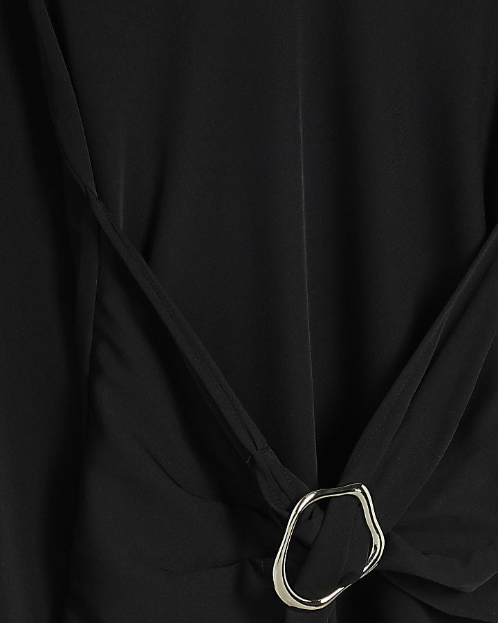 Black Long Sleeved Tie Waist Midi Dress