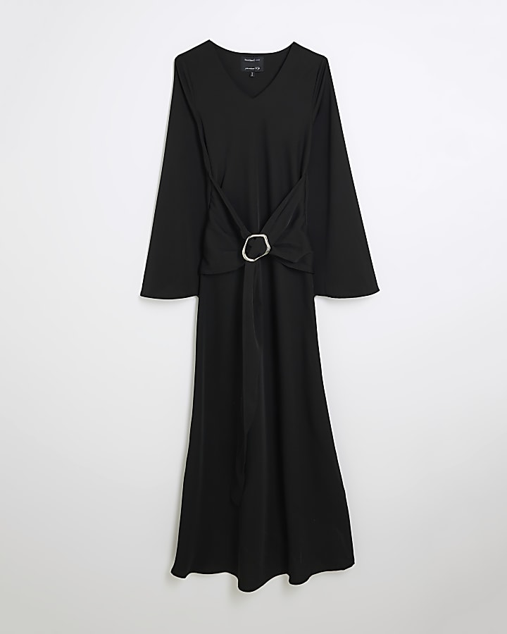 Black Long Sleeved Tie Waist Midi Dress