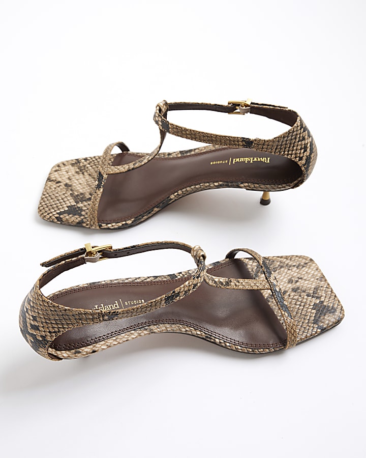 Brown Snake Print Kitten T Bar Sandals