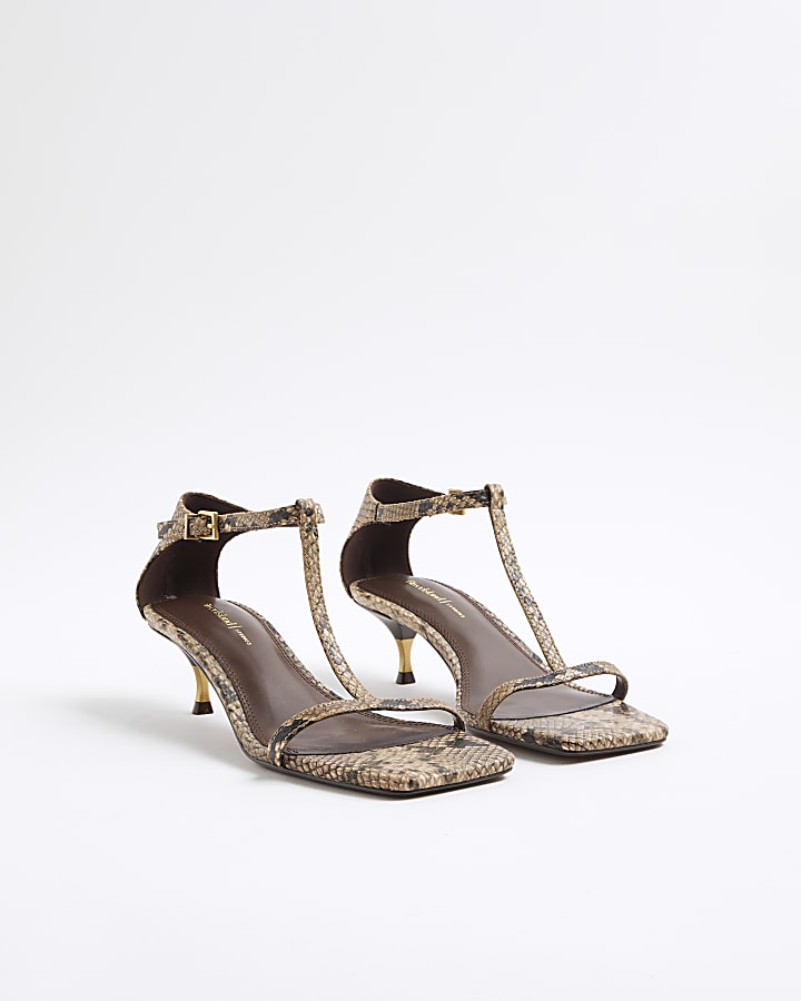 Brown Snake Print Kitten T Bar Sandals
