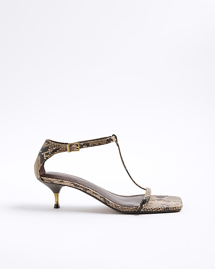 Brown Snake Print Kitten T Bar Sandals