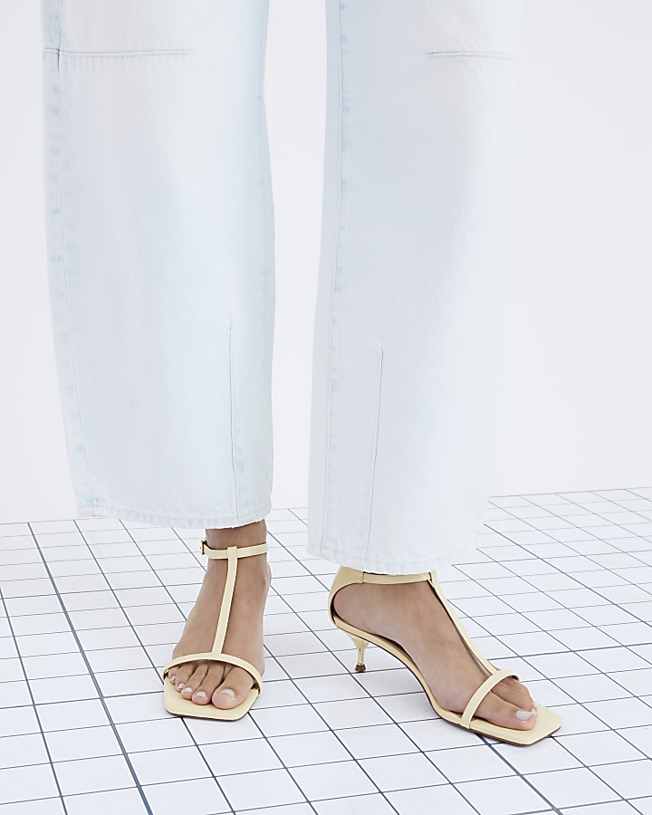 Yellow Kitten Heel T Bar Sandals