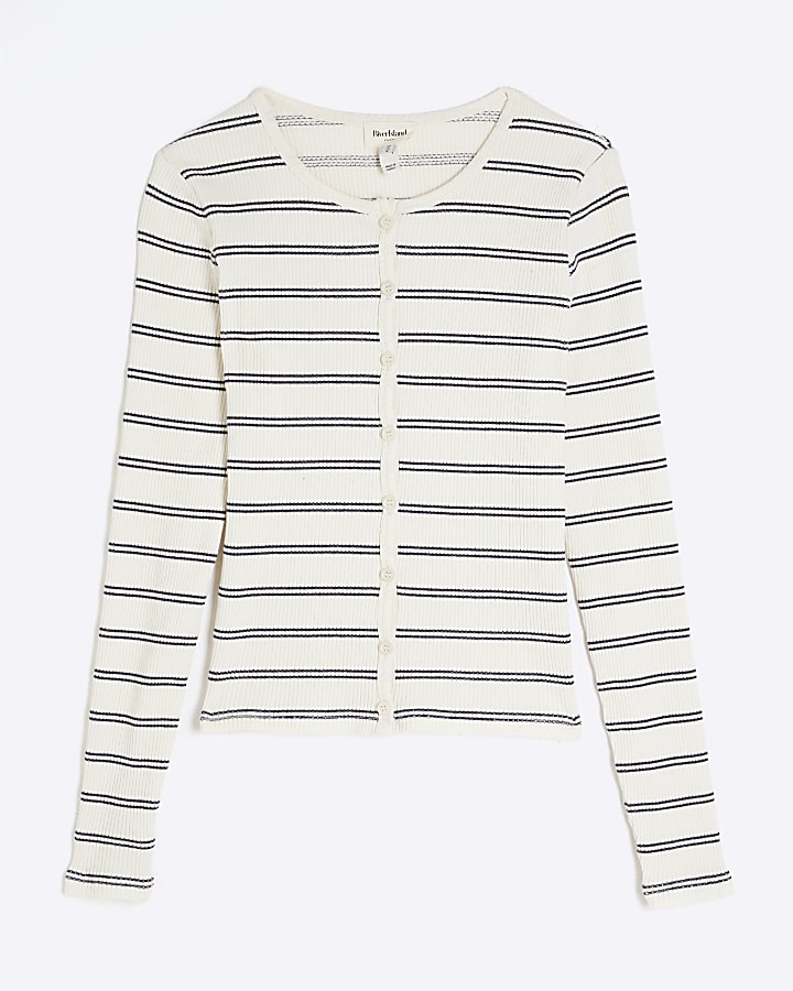 Cream Long Sleeve Ribbed Stripe Cardigan