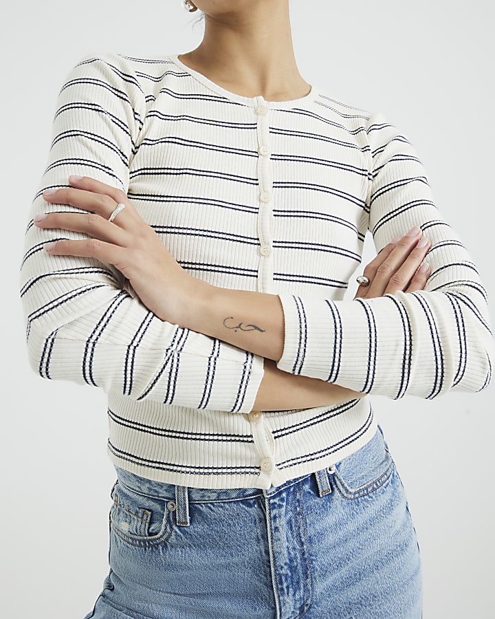 Cream Long Sleeve Ribbed Stripe Cardigan