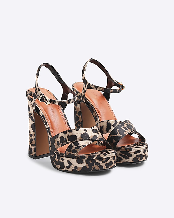 Brown Leopard Print Platform Heeled Sandals