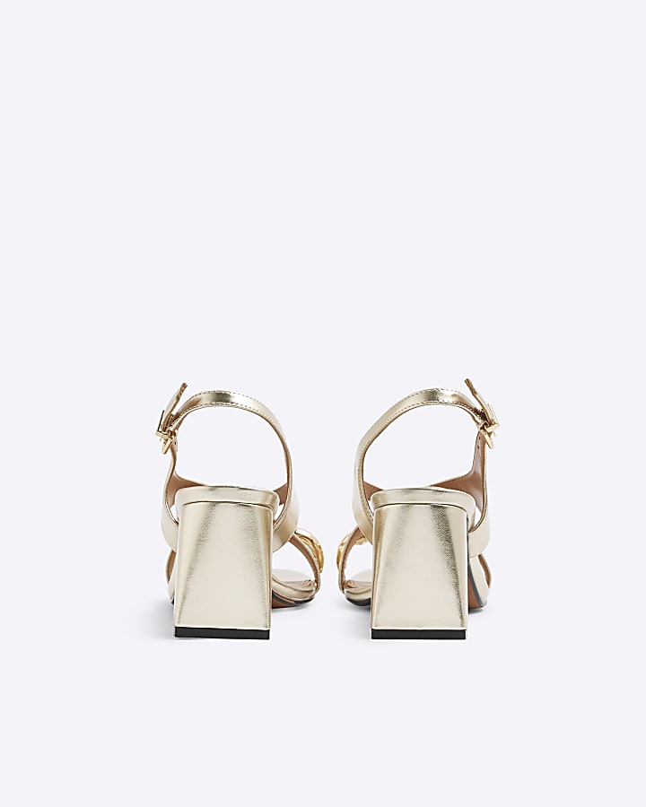 Gold Cross Strap Toe Loop Heeled Sandals