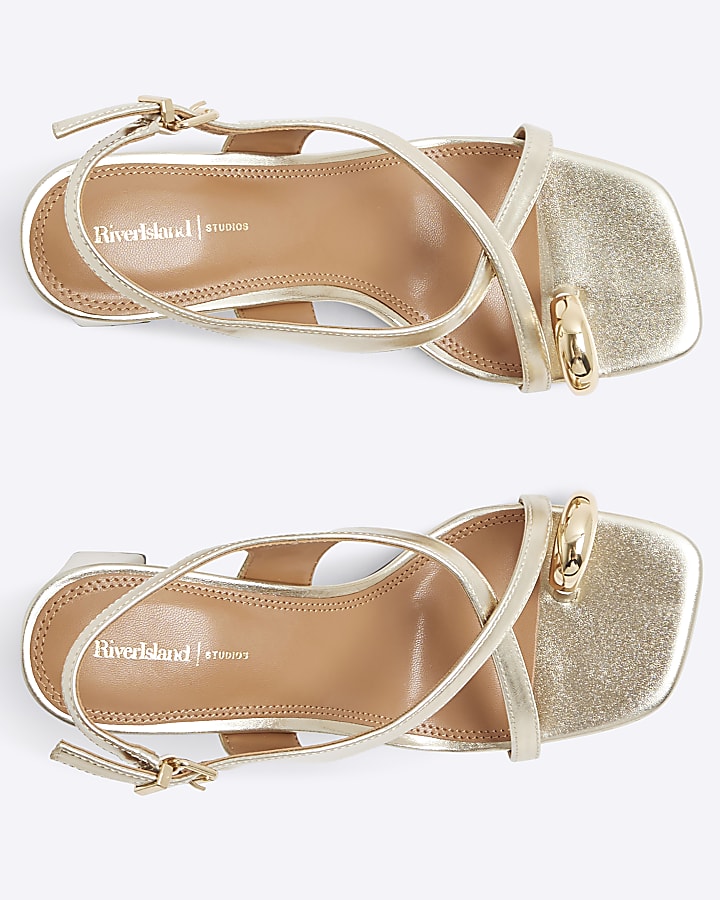 Gold Cross Strap Toe Loop Heeled Sandals