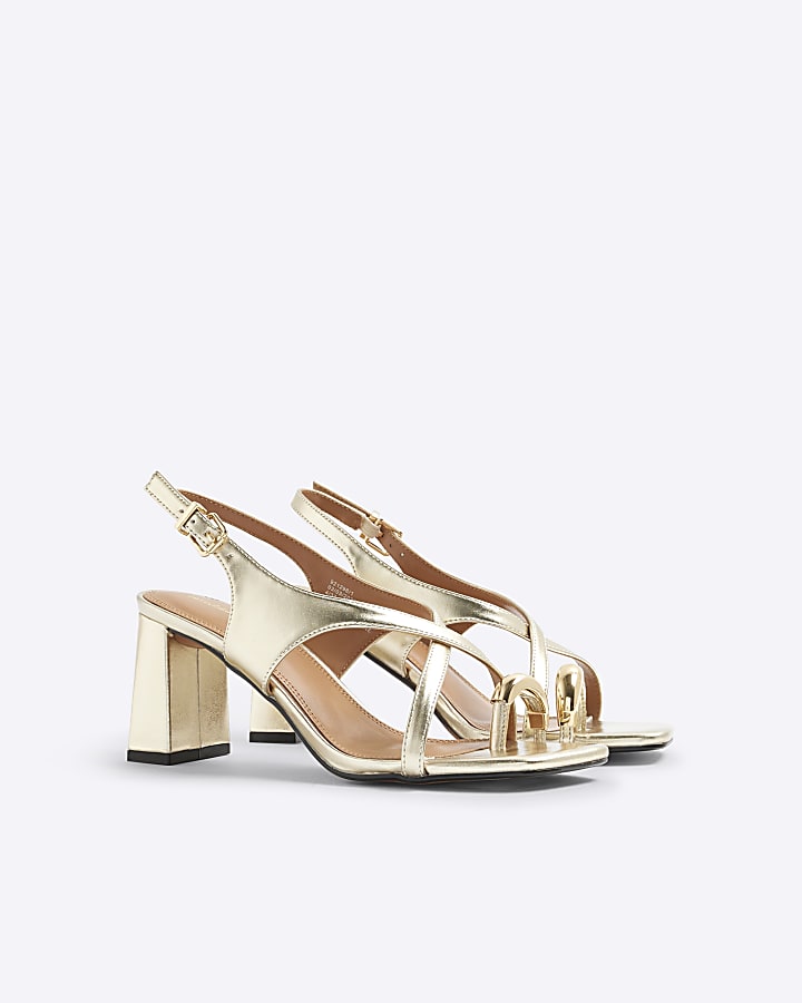 Gold Cross Strap Toe Loop Heeled Sandals