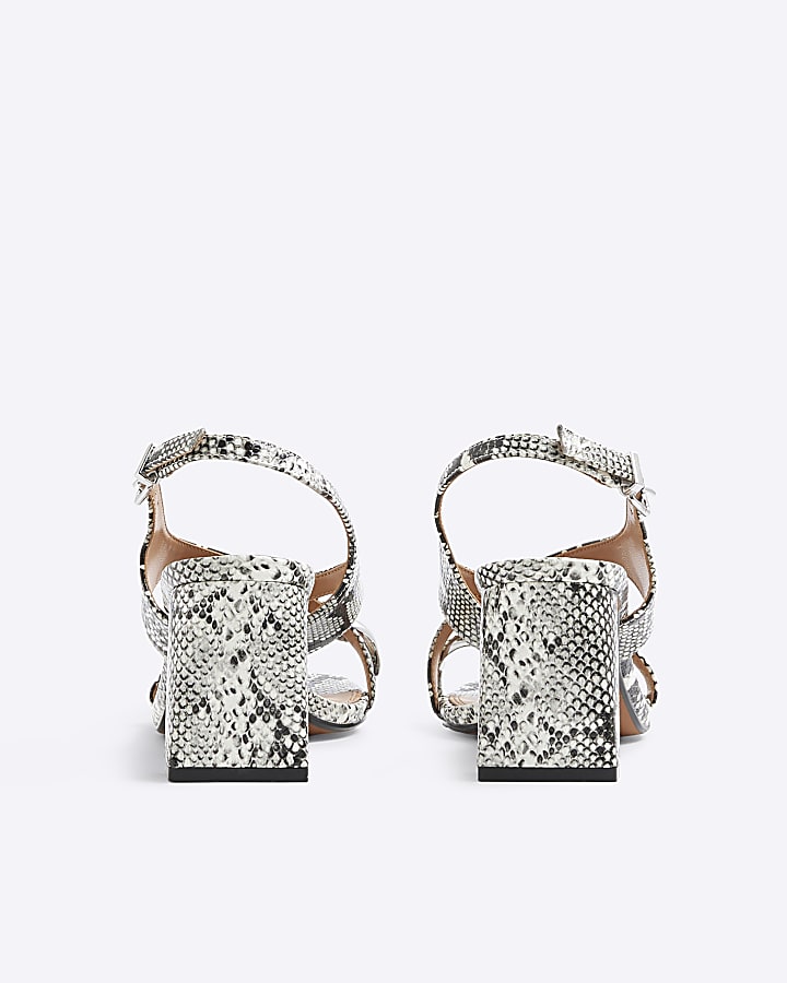 Beige Snake Print Cross Strap Heeled Sandals