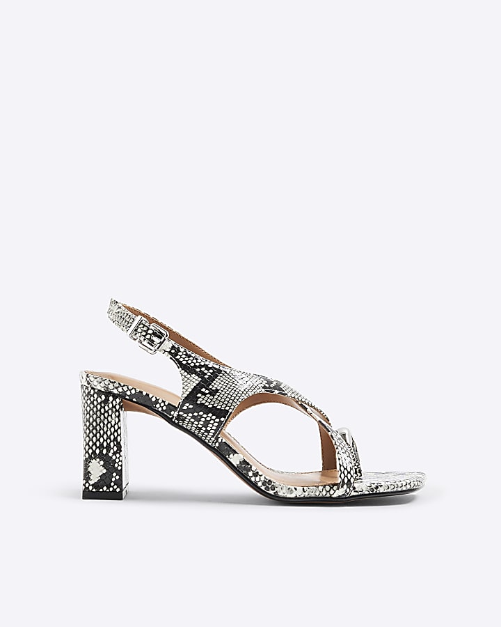 Beige Snake Print Cross Strap Heeled Sandals