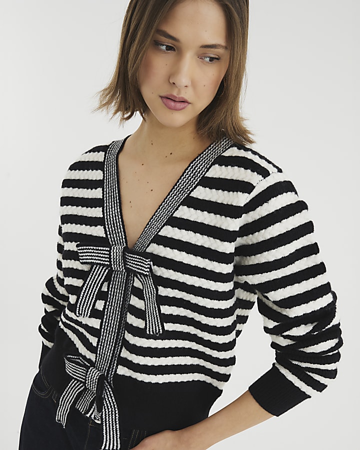 Black Long Sleeve Stripe Tie Cardigan