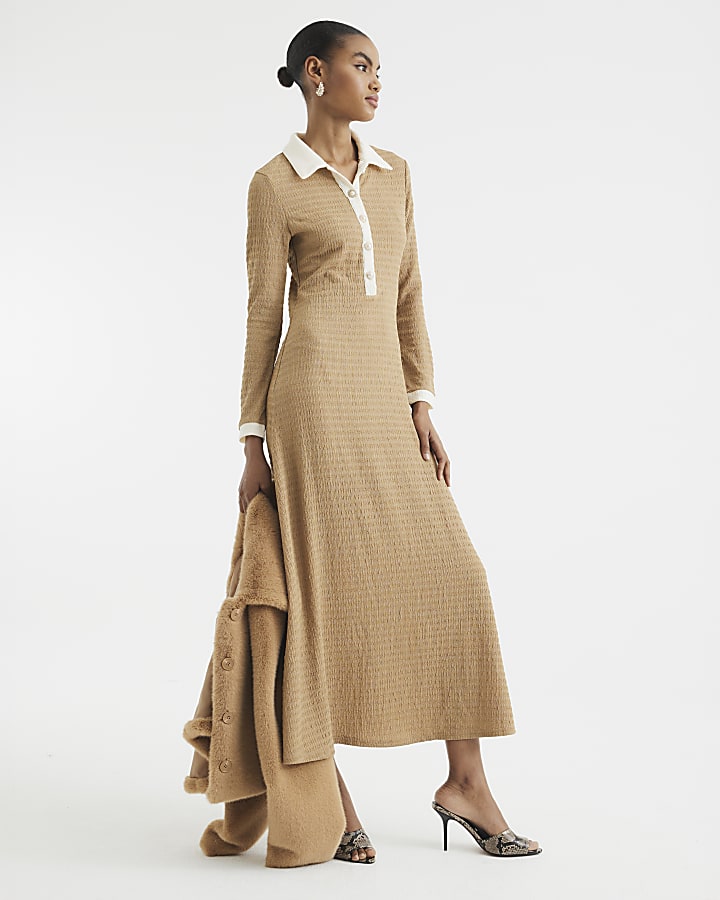 Beige Long Sleeve Button Down Midi Dress River Island