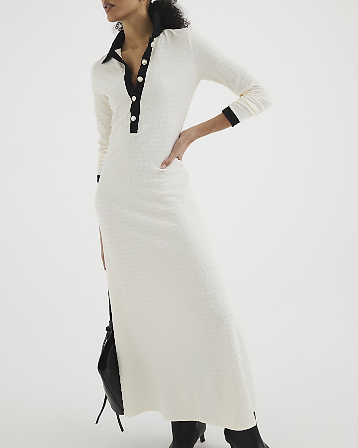 White Long Sleeve Button Down Midi Dress