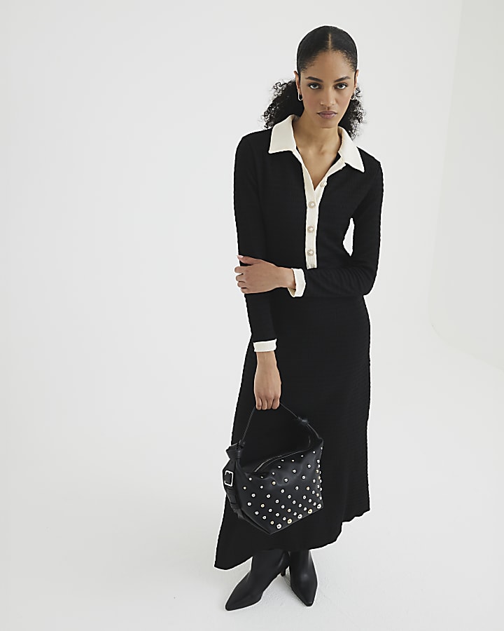 Black Long Sleeve Button Down Midi Dress River Island