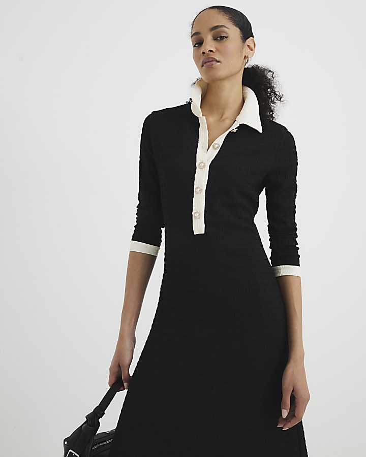 Black Long Sleeve Button Down Midi Dress