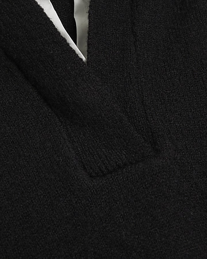 Black Knitted Long Sleeve Collared Sweatshirt