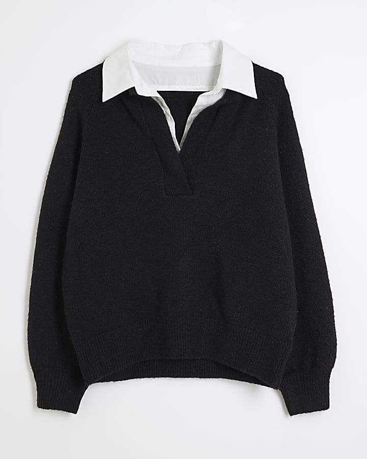 Black Knitted Long Sleeve Collared Sweatshirt