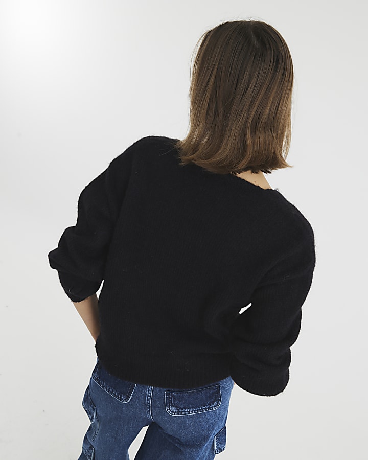 Black Long Sleeve Cherry Knitted Sweatshirt