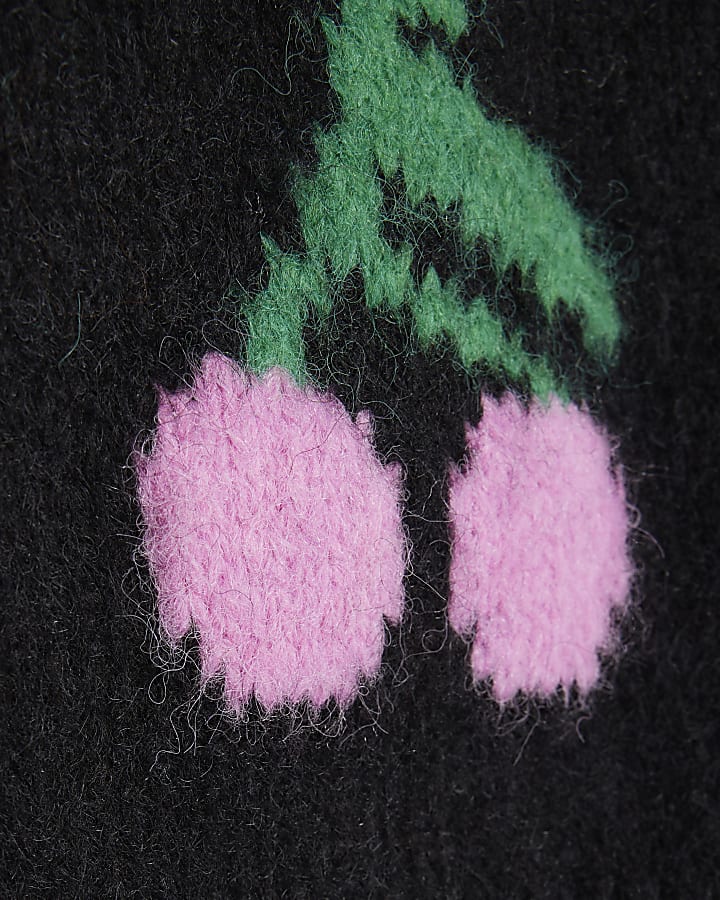 Black Long Sleeve Cherry Knitted Sweatshirt