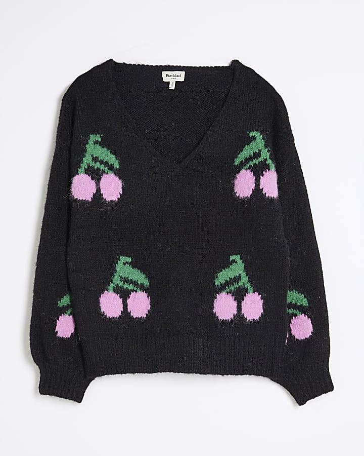 Black Long Sleeve Cherry Knitted Sweatshirt