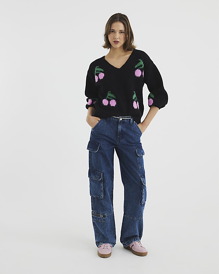 Black Long Sleeve Cherry Knitted Sweatshirt