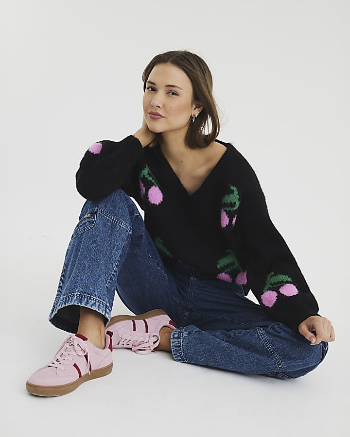 Black Long Sleeve Cherry Knitted Sweatshirt