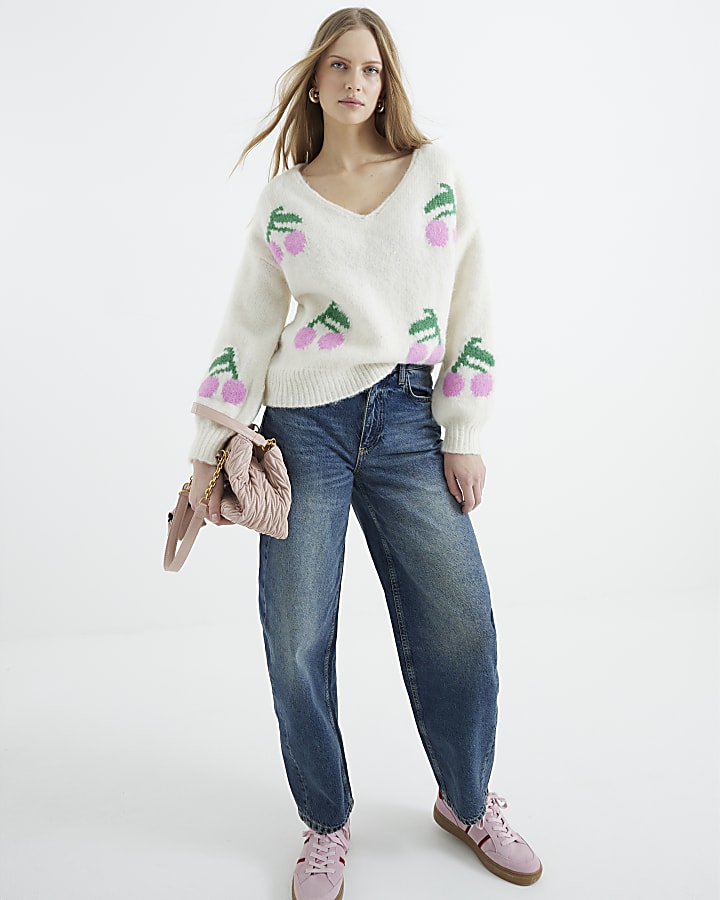 Beige Long Sleeve Cherry Knitted Sweatshirt