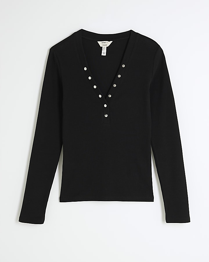 Black Ribbed Long Sleeve Popper Top