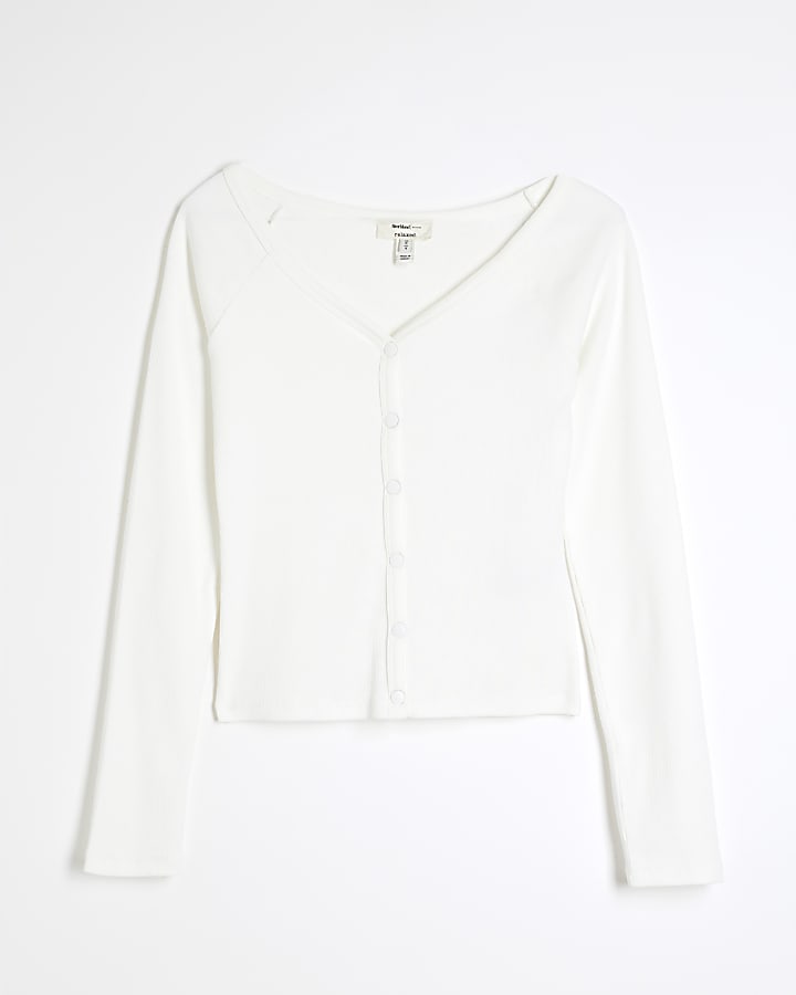 White Long Sleeve V-neck Popper Top