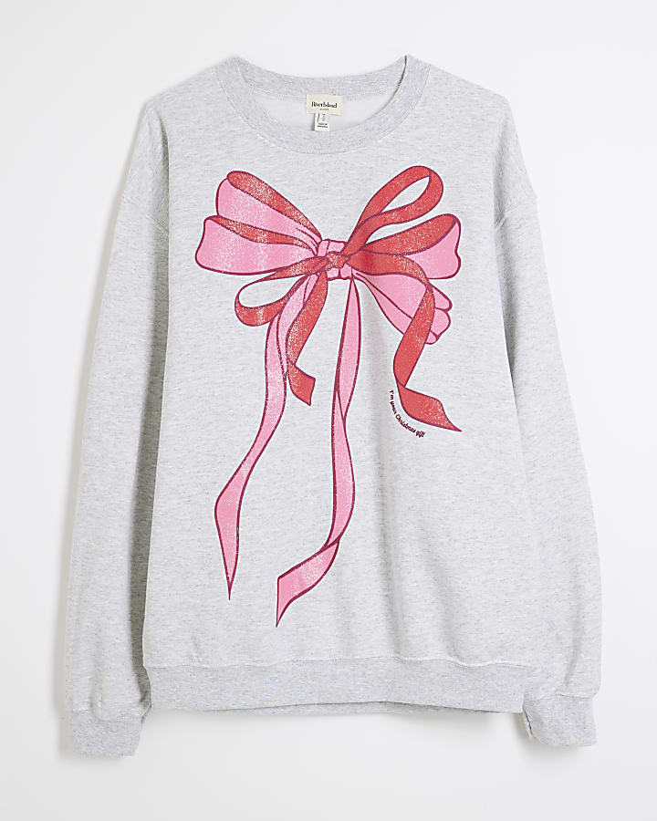 Grey Long Sleeve Big Bow Christmas Sweatshirt