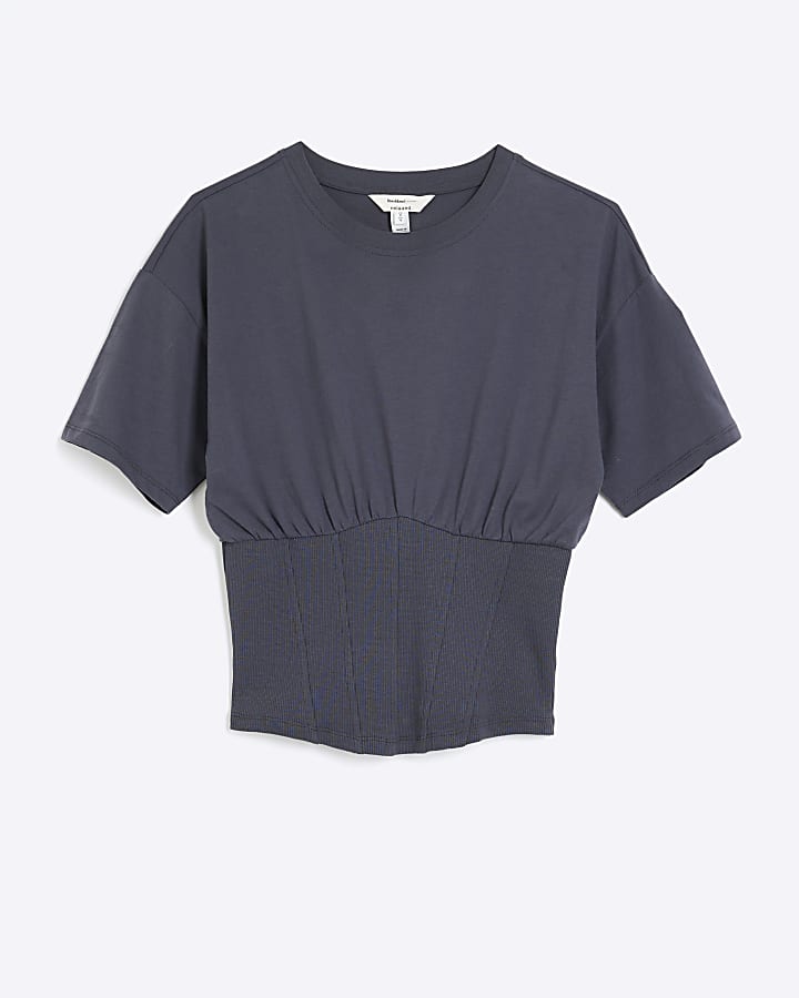 Grey Short Sleeve Corset Hem T-shirt