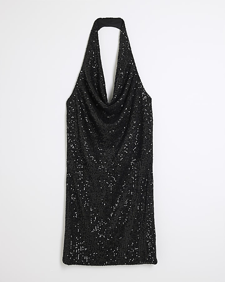 Black Sequin Halterneck Shift Mini Dress