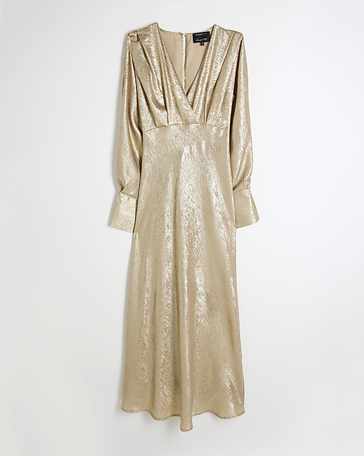 Gold Foil V-neck Long Sleeved Maxi Dress