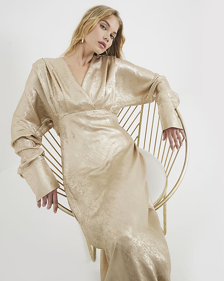 Gold Foil V-neck Long Sleeved Maxi Dress