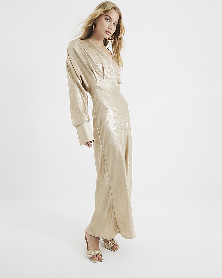 Gold Foil V-neck Long Sleeved Maxi Dress