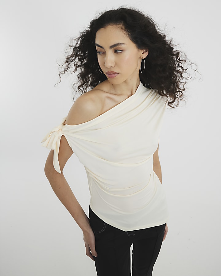 Cream Drape Tie Knot Asymmetric Top